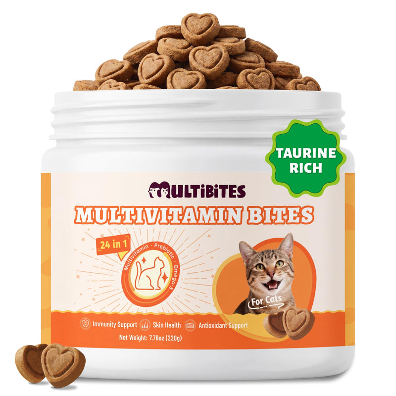 MULTIBITES 24-in-1 Vitamins Supplements and Taurine for Cats with CoQ10, Lysine, Glucosamine, Omega 3 - Cat Vitamins for Indoor Cats for Heart Health, Immunity Support, Shiny Skin&Coat- 330 Bites