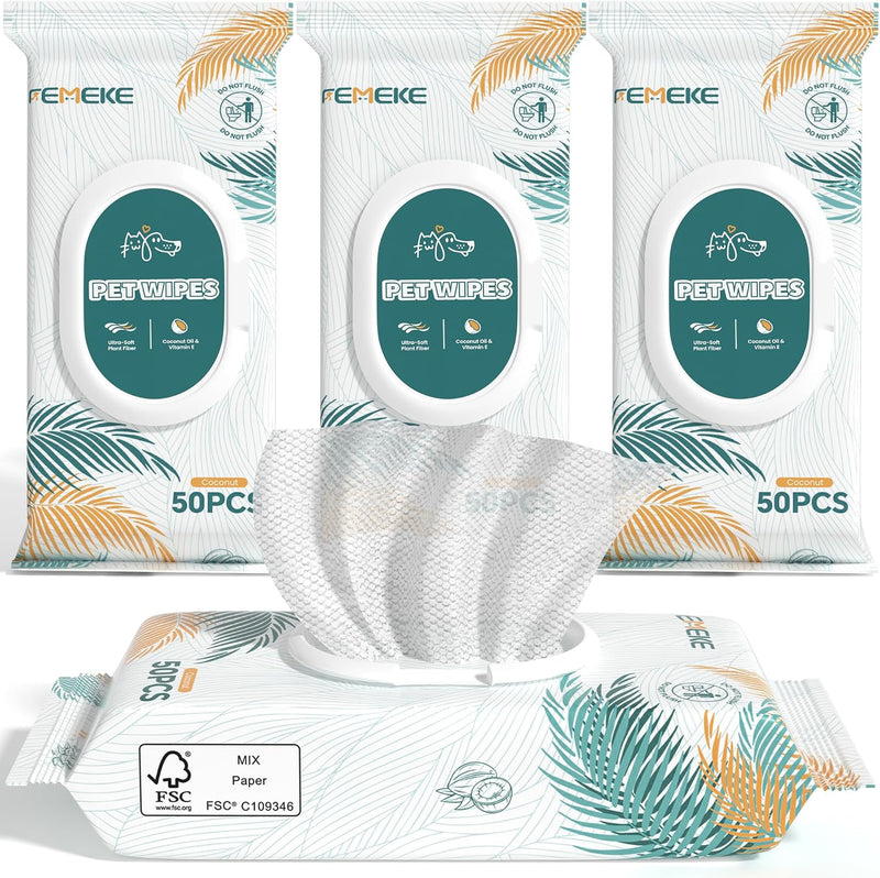 200 Count Dog Wipes & Cat Wipes (4x50 Packs) | Hypoallergenic, pH Balanced for Paws, Body, Face & Grooming |All-Natural