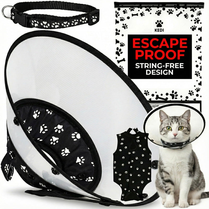 Cat Recovery Cone Kit Post Surgical Soft Pet Vest, Collar, and Non-Irritating Protection Cone for Cats - Comfortable Injury Care Solution (Black with White Paws, Medium)