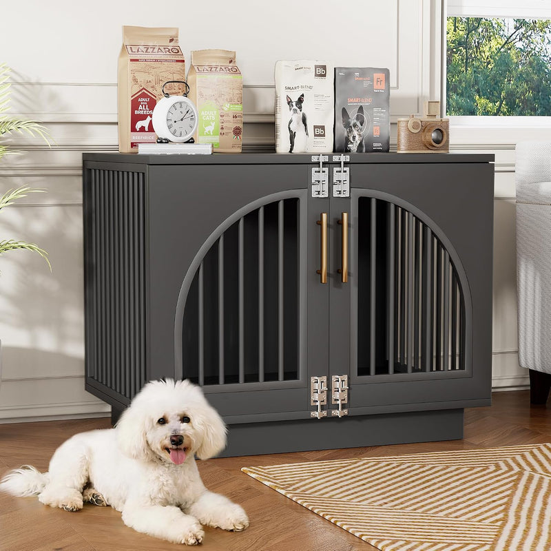 Kepptory Wooden Dog Crate Furniture End Table, Decorative Pet Kennel with Double Doors & Secure Latches for Small Medium