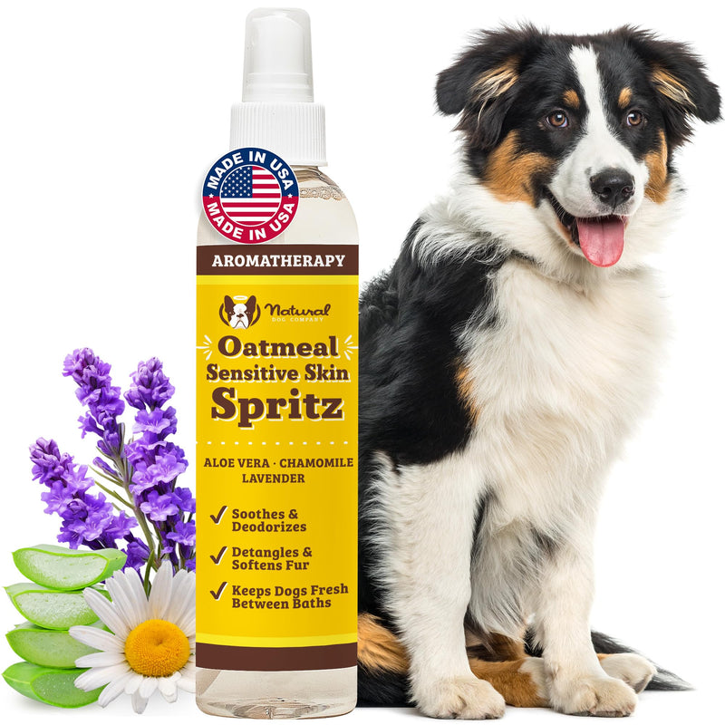 Natural Dog Company Sensitive Skin Deodorizing Spray 8 oz – Hypoallergenic Neutral-Scent Dog Spritz with Aloe, Oatmeal & Lavender – Free of Sulfates, Parabens & Artificial Fragrance
