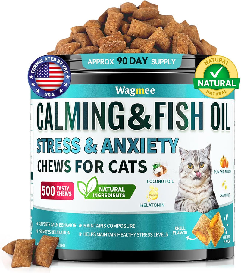 Wagmee Cat Calming Treats, with Melatonin, Chamomile, 500 Crunchy & Creamy