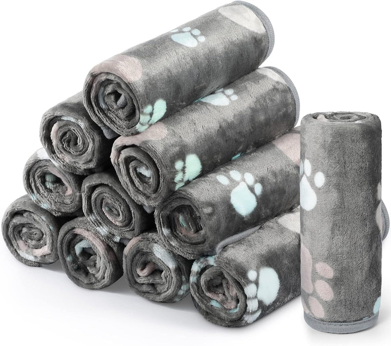 Tegeme 12 Pcs Pet Blankets 23 x 16 Inch Soft Fluffy Fleece Dog Cat Warm Paw Print Pattern Blankets Flannel Throw for Pets Dog Puppy Cat(Gray)
