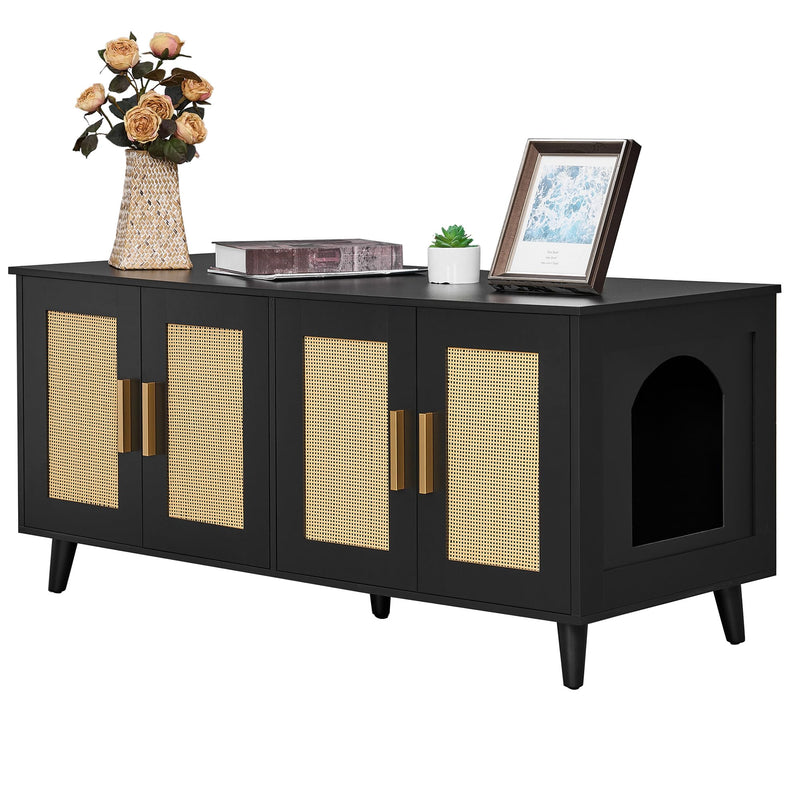 Homhedy Boho Cat Litter Box Enclosure for 2 Cats, Wooden Cat Washroom Furniture with Double Rattan Decorated Doors, Pet House,47.2”L x 19.7”W x 21.7”H, Black and Natural