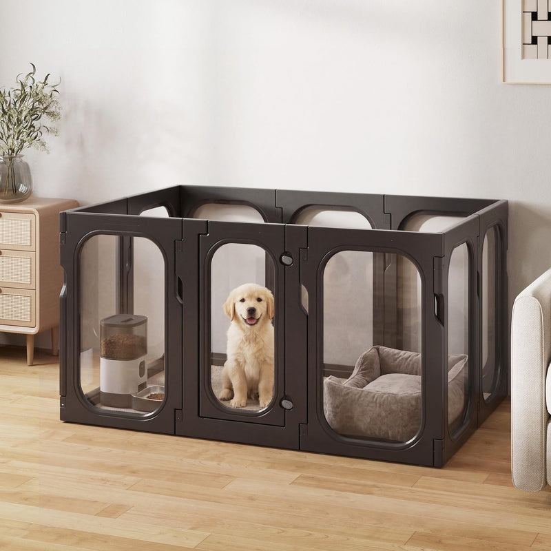 Jenwnet Acrylic Clear Dog Playpen Indoor with Door, 26'' H Transparent Dog Play Pen for Small Dogs, No-Connector Modular Puppy Playpen with Integrated Suction Cups Base, 10 Panels, Black