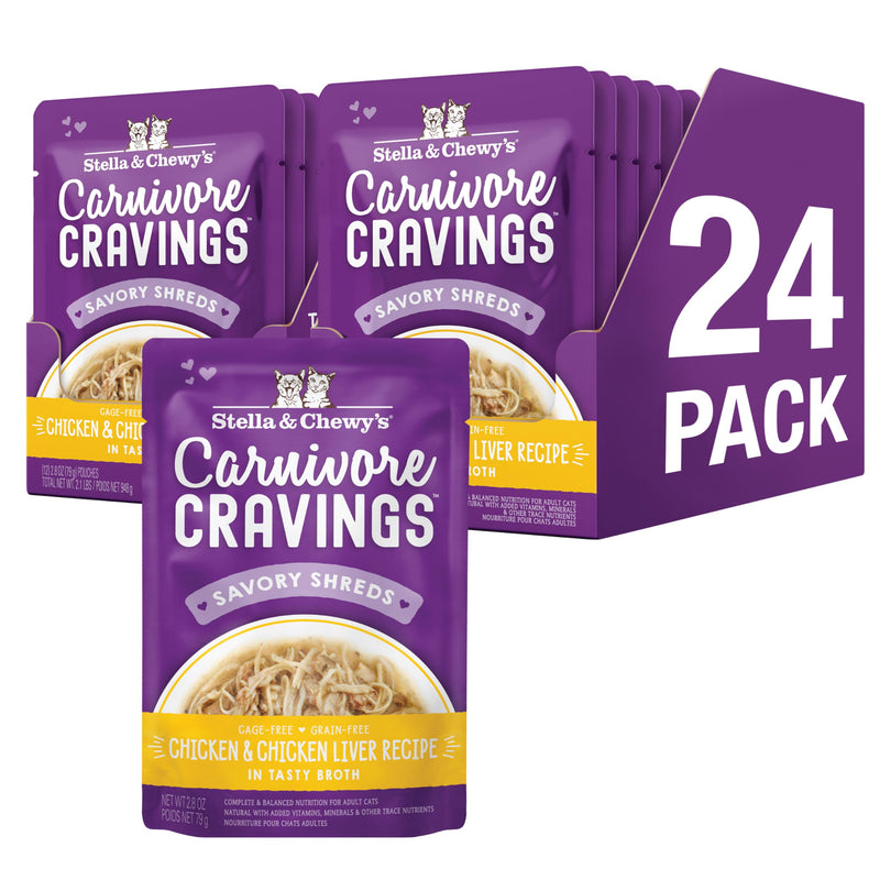 Stella & Chewy's Carnivore Cravings Wet Cat Food - Premium Pouches - Grain Free, High Protein Chicken & Chicken Liver - Perfect For Pickey Eaters - Complete Meal or Topper (2.8 oz, 24 Pack)