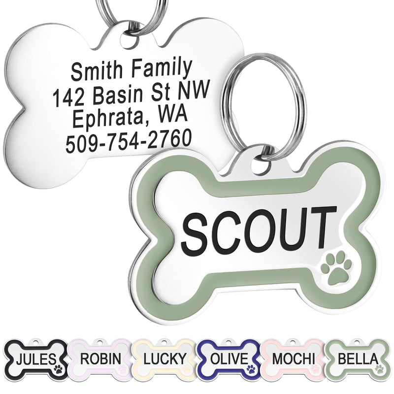 GoTags Stainless Steel Pet ID Bone Round and Heart Shaped Tags with Enamel Paw Design, Personalized Dog and Cat Tags, up to 5 Lines of Custom Text, Engraved on Both Sides (Sage, Regular Bone)