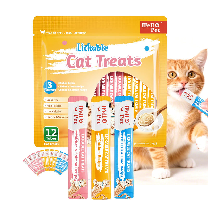 IFELLO Cat Treats, High-Meat High-Moisture Lickable Cat Treats, Variety Pack – Real Chicken & Seafood – Silky Creamy Purée – Grain-Free (15g Each | 12 Tubes)