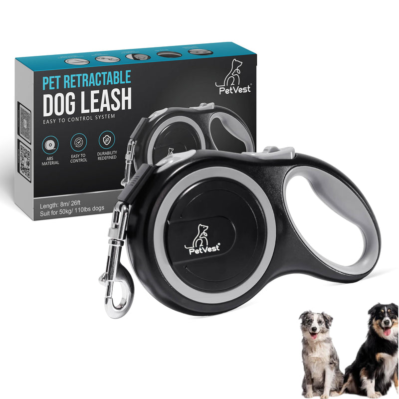 PetVest Retractable Dog Leash – Extendable up to 26 FT, Heavy Duty Nylon Tape, No-Tangle, One-Handed Brake & Lock, for Small to X-Large Dogs up to 110 lbs (Black)