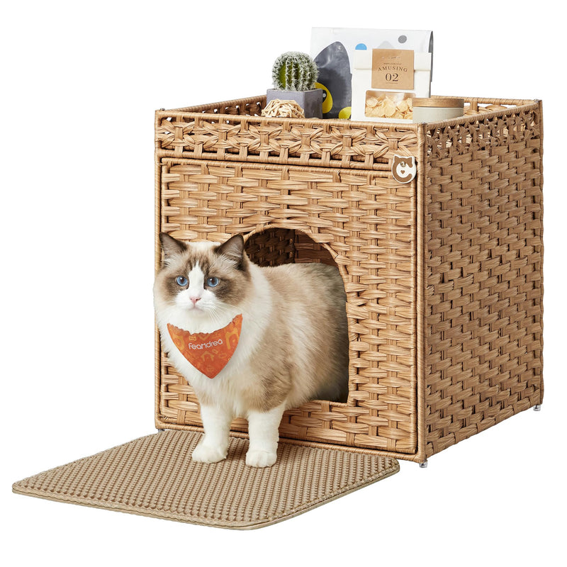 Feandrea Cat Litter Box Enclosure, Handwoven Rattan Hidden Litter Box Furniture with Extra Mat, Removable Washable Tray, Boho Cat House, End Table, Goose Yellow UPCL024YE01