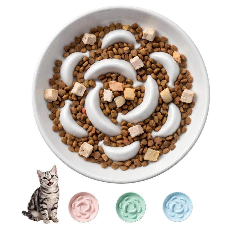 Ceramic Cat Slow Feeder Bowl - 6.3'' Wide Opening Whisker Friendly Cat Plate for Dry and Wet Food - Cute Maze Feeder Dish Helps Reduce Vomiting - Microwave and Dishwasher Safe - White