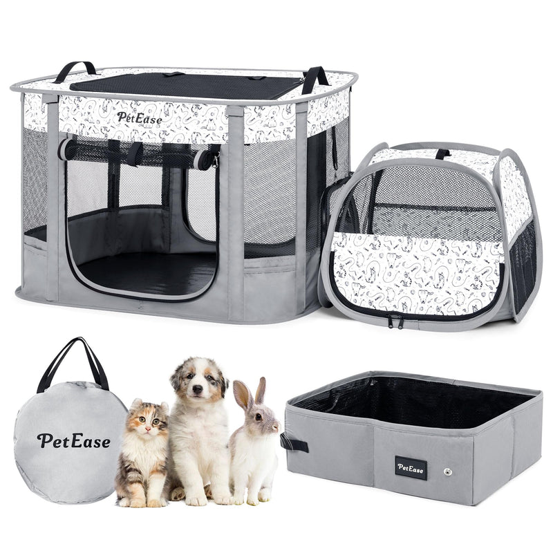 PETEASE Portable Cat Playpen with Litter Box, Cat Enclosure for Camping, Cat Recovery Playpen After Surgery, Foldable Indoor Outdoor Pet Tent for Cats Rabbits Puppies (Light Gray)