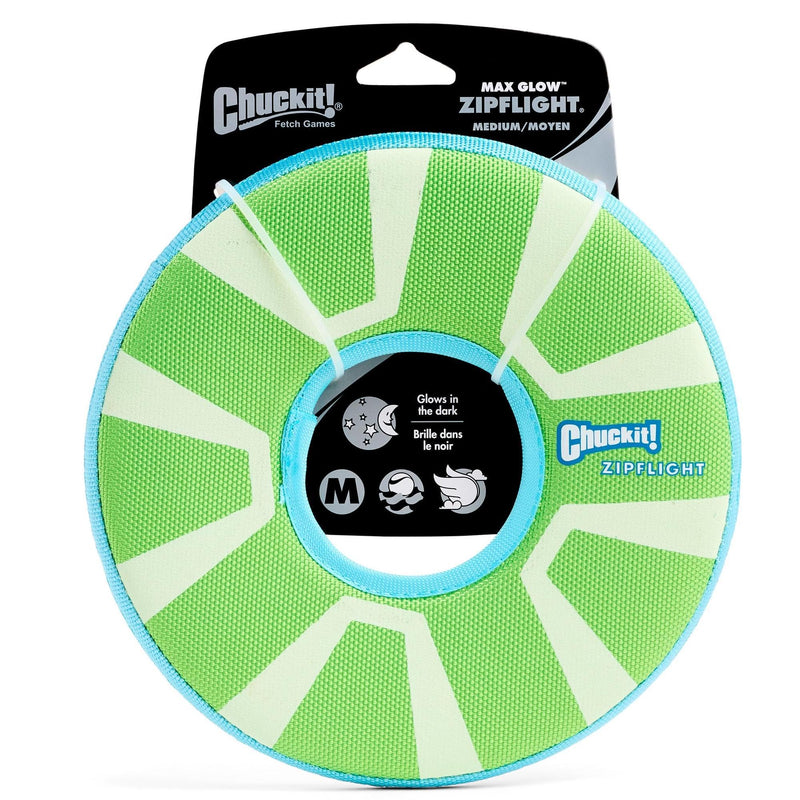 Chuckit! Max Glow Zipflight Flying Disc Dog Toy - Water Floating Flyer for Beach and Pool - Durable Polyester Construction - For Medium and Large Dogs - Size Medium - 8.5” L x 8.5” W - Pack of 1