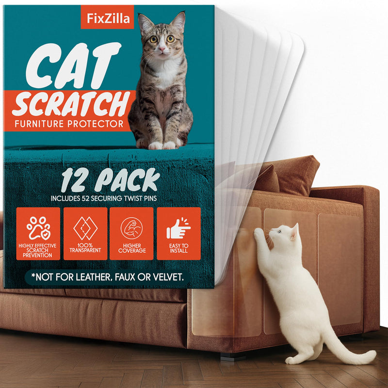 FixZilla Anti Cat Scratch Furniture Protector, 12-Pack Couch Protector from Cat Claws – Heavy-Duty, Easy-to-Apply Scratching Deterrent and Shield for Sofa Corners, Walls, Doors- with 52 Twist Pins