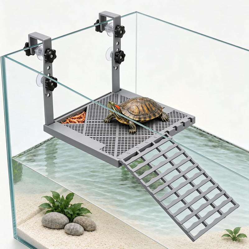 Upgraded Hanging Turtle Basking Platform with Ramp & Built-in Feeding Tray