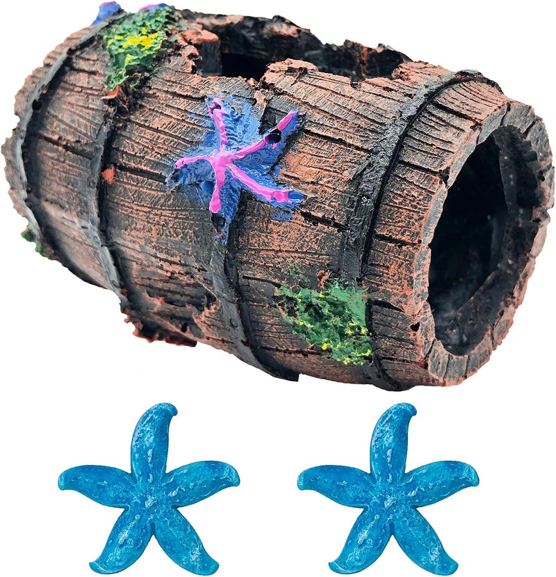 GSD Star-Fish Broken Barrel Decor Resin Betta Tank Accessories Ornaments for Cave Hide Decorations, Broken Barrel x 1pc,