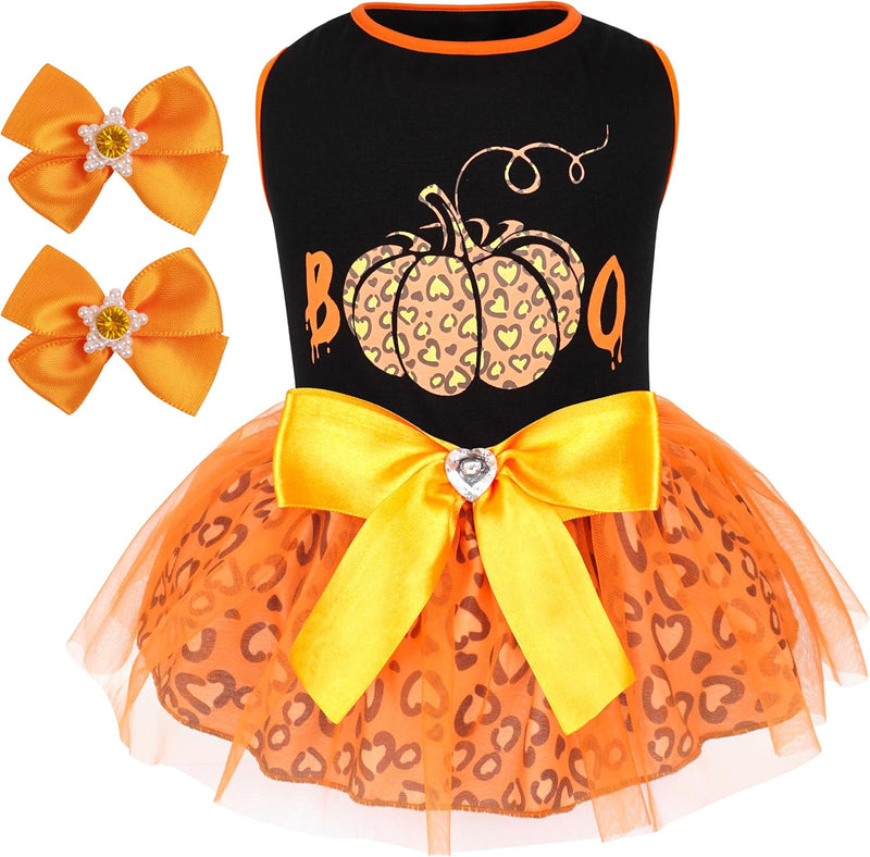 cyeollo Dog Halloween Dress, Pumpkin Print Tulle Outfit with Hair Bow, 2XL