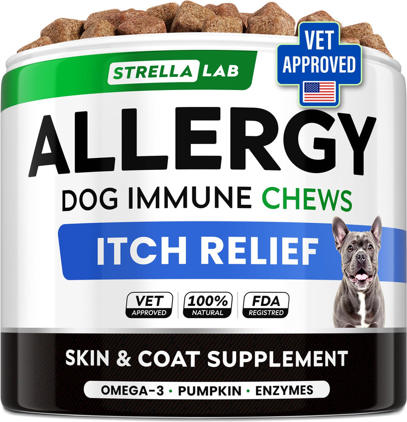 StrellaLab Dog Allergy Relief & Anti Itch Support Chews w/Omega 3: Real Ingredients, Real Taste! Skin & Coat Immune w/Fish Oil, Pumpkin & Enzymes — Developed by Experts - Made in USA - 60Ct
