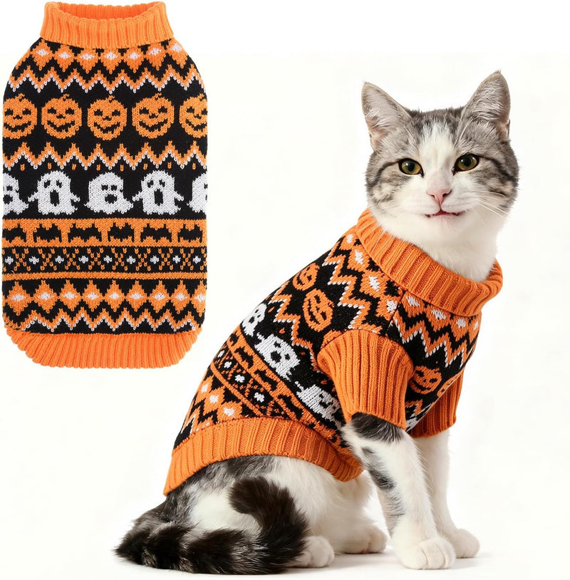 KOOLTAIL Halloween Cat Sweater for Cats Only, Knit Pumpkin Ghost Costume, M