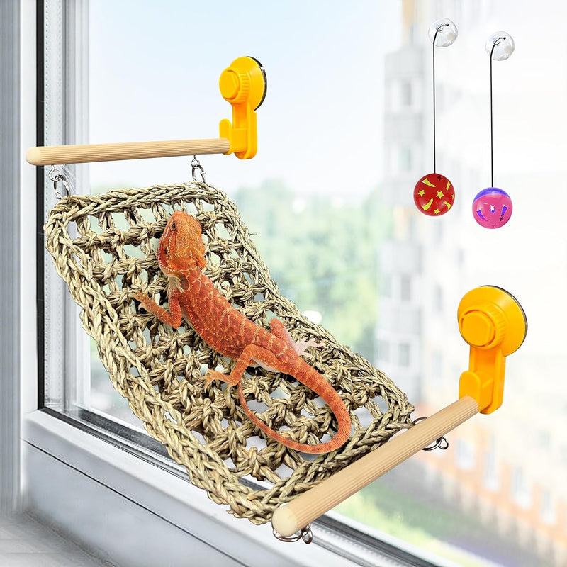VCEPJH Bearded Dragon Hammock, Reptile Window Perch Natural Seagrass Gecko Climbing Tank Accessories Lizard Lounger Bed