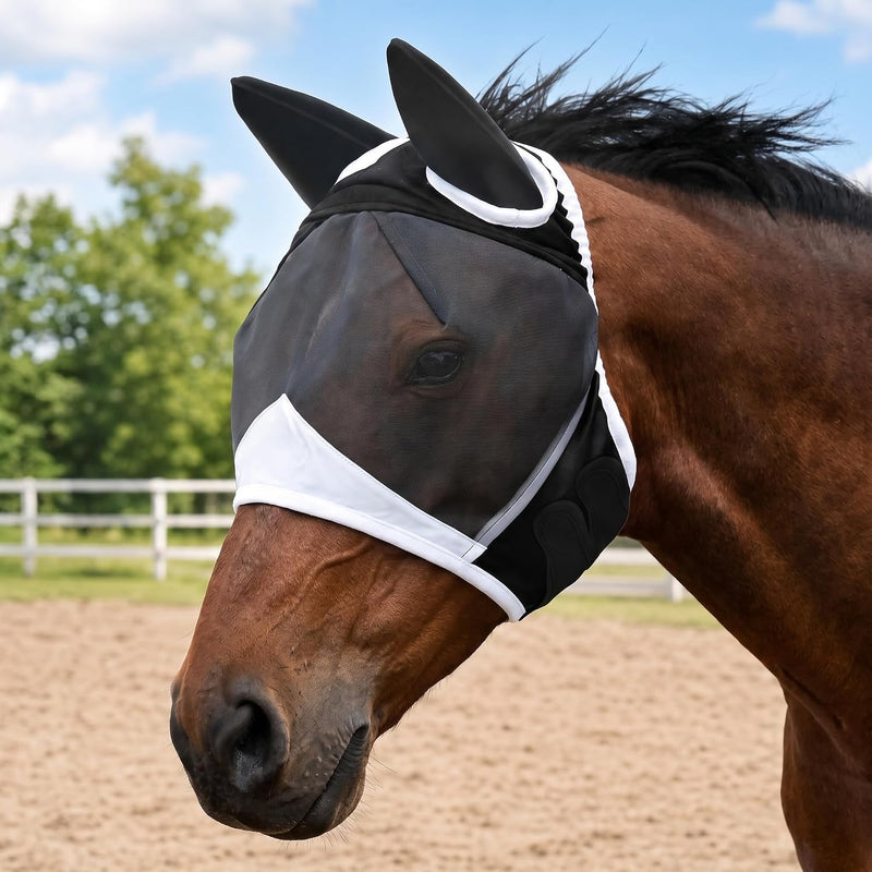 Horse Fly Mask with Ears, Breathable Mesh UV Protection Horse Mask, Black