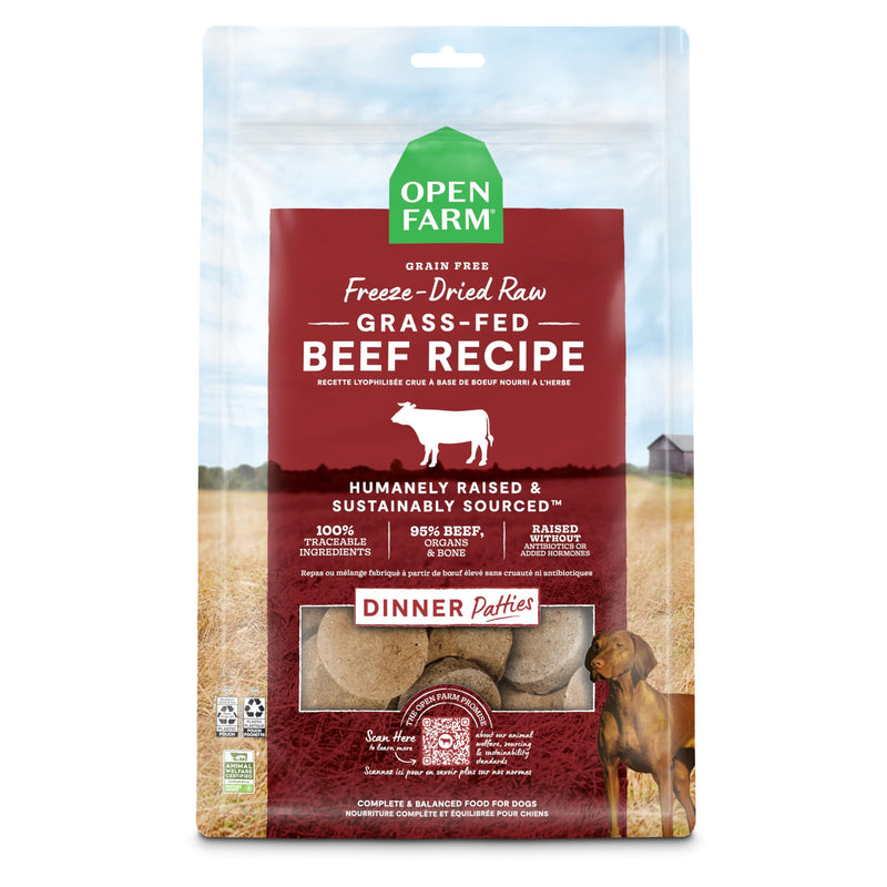 Open Farm, Freeze Dried Raw Dog Food, Patties with 95% Meat, Organs & Bone, Complete Meal or Freeze Dried Dog Food Mixer, Grass-Fed Beef Recipe, 17.5oz Bag
