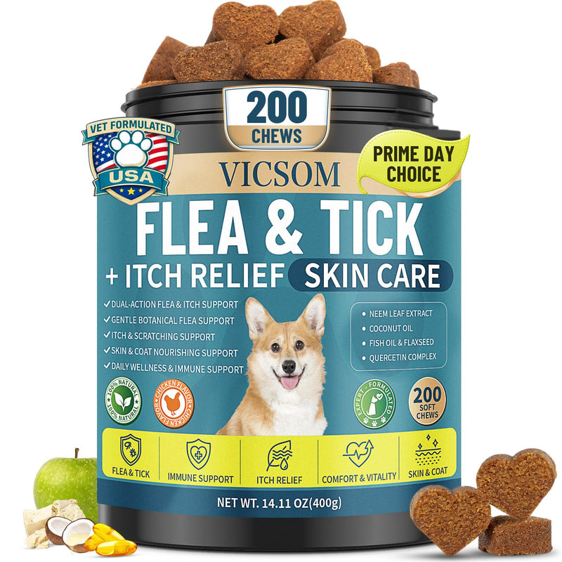 Flea and Tick Prevention for Dogs Itching Skin Relief, 200 Chewable Flea and Tick for Dog with Skin & Coat Support, Itch Relief for Dogs, Oral Supplement for All Breeds & Ages, Chicken Flavor