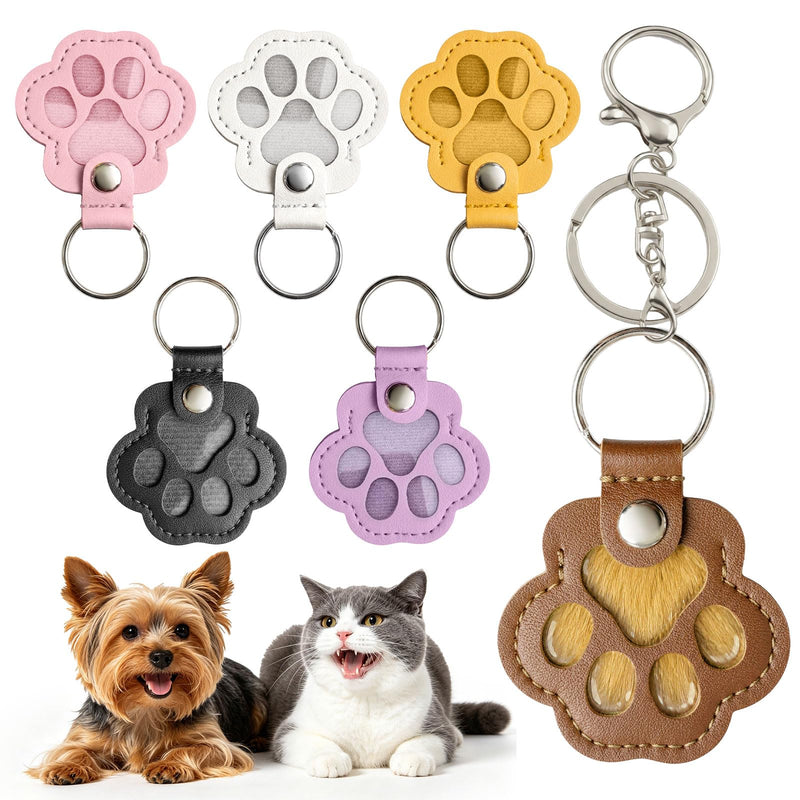HRTTSY 6 Pack Pet Fur Keepsake Keychain, Paw Shaped Leather Cat & Dog Hair Keepsake, Dog Hair Storage Cat Fur Collector Sympathy Memorial Gift for Loss of Pets, Pet Lover Commemorative Keyring