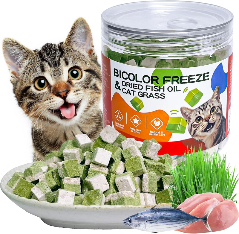 Freeze-Dried Cat Grass Treats with Omega-3 Fish Oil Blend - Hairball Control, Skin & Coat Health for Cats (Chicken & Fis