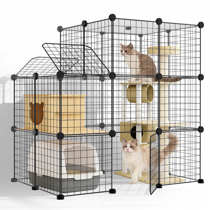 3-Tier DIY Indoor Cat Cage with Skylight, Accommodates Multiple Pets; Foldable Large Cat Cage Enclosure (with Litter Box Area); 43.7-Inch Metal Wire Cat Bed Habitat