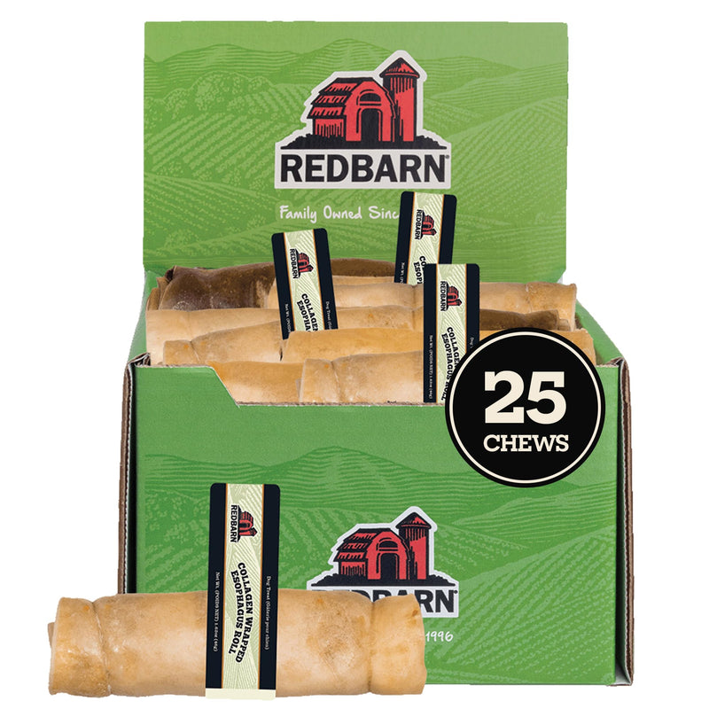 Redbarn Medium Rolled Collagen-Wrapped Esophagus Dog Treats 25-Pack- Natural Long Lasting Dog Chews Alternative to Traditional Rawhide for All Dog Sizes Grain-Free