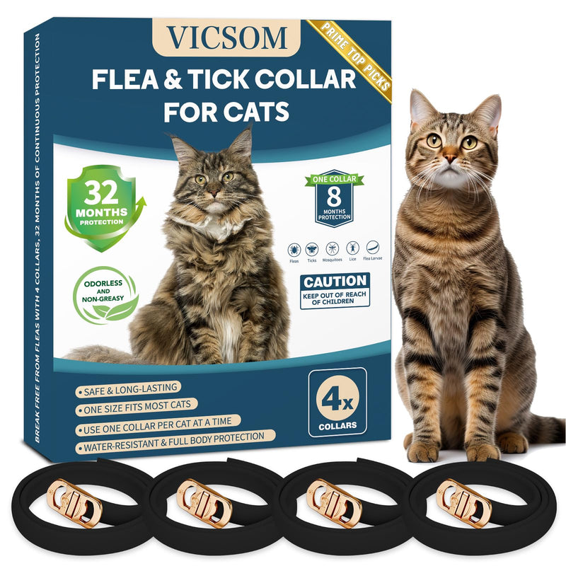 VICSOM 4 Pack Flea and Tick Collar for Cats, 32 Months Treatment, Waterproof Adjustable Kitten Flea Collar, Flea Prevention, Black