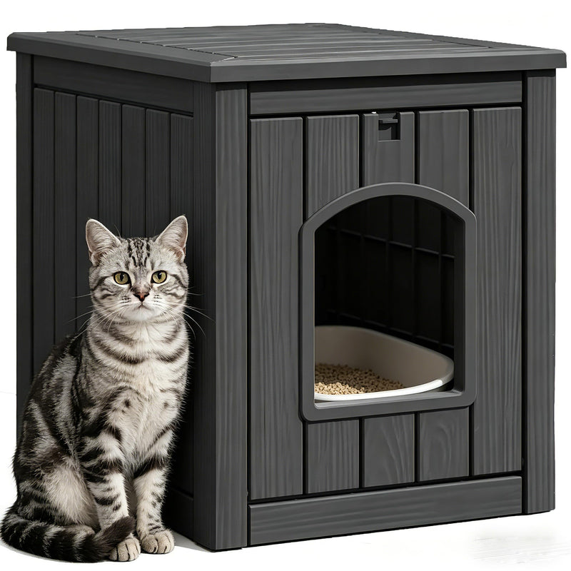 GULAIMOAO Cat Litter Box Enclosure, Multi-Functional Enclosed Cat Litter Box Furniture, Outdoor Cat House Weatherproof, Openable Front Door & Raised Floor, Easy to Clean & Assemble, Black