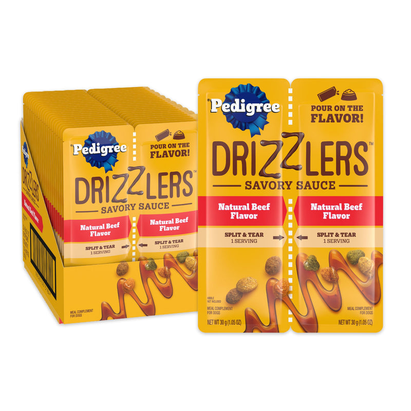 Pedigree Drizzlers for Dogs, Wet Dog Food Gravy Savory Sauce, Natural Beef Flavor, 60g Dual-Serving Pouch (22 Count, 44 Servings Total)