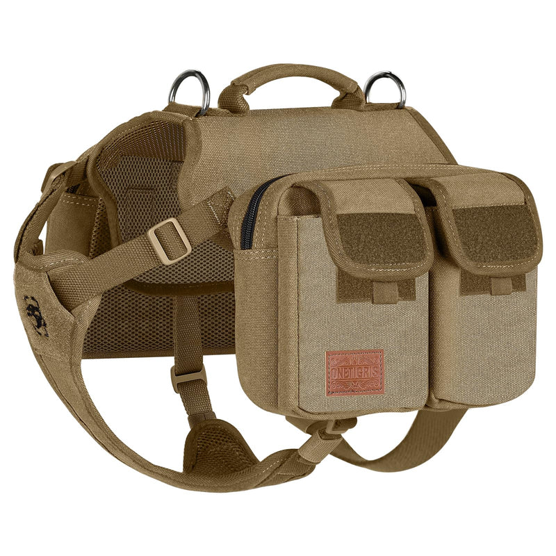 ONETIGRIS Dog Hiking Backpack, Dog Pack for Medium Large Dogs, HOPPY CAMPER 3.0 Dogs Saddle Bag Harness Outdoor Hiking (M, Brown)
