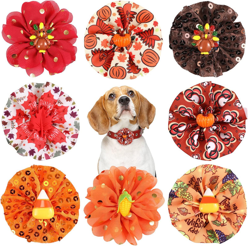 Frienda 8 Pcs Fall Thanksgiving Dog Collar Flower Attachment Bows Charms