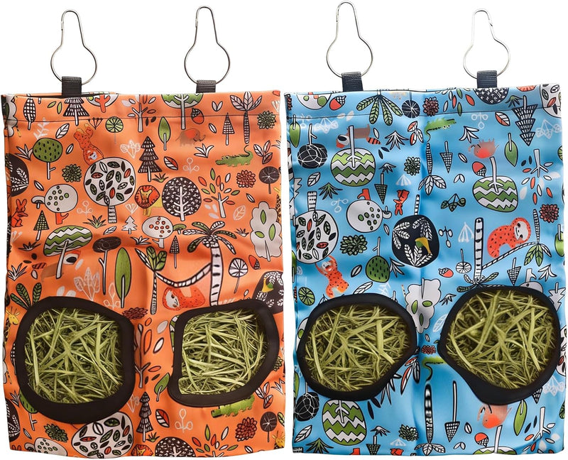 2Pcs Rabbit Hay Feeder Bag 11.8 x 9 Inch Oxford,2 Hole Guinea Pig Hay Bags Storage Dispenser for Rabbits Chinchillas Ham