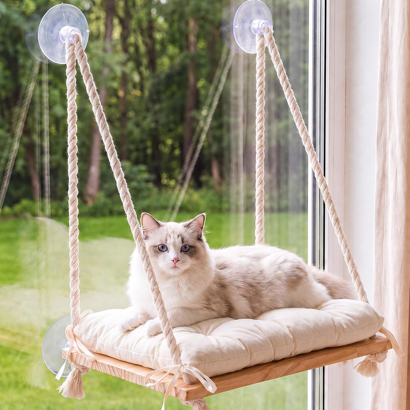 Cat Window Perch Hammock with Upgraded 4 Suction Cups Soft Cushion Wood Bed