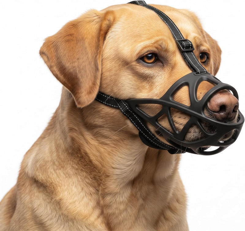Breathable Basket Dog Muzzle for Large Breeds | Adjustable Mask with Reflective Straps | Allows Drinking & Treat Feeding