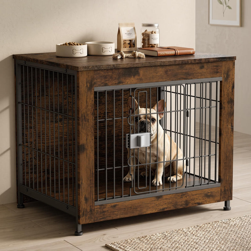 Furniture Style Dog Crate, Decorative Wooden Pet Kennel End Table for Small to Medium Dogs (Under 30 lbs), Indoor Dog House with Secure Slide Lock & Solid Top, Modern Pet Cage Furniture, Aged Black