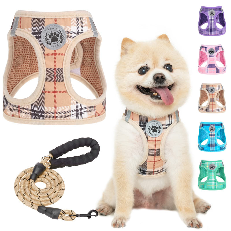 BEAUTYZOO Small Dog Harness and Leash Set,Step in No Choke No Pull Soft Mesh Dog Harnesses Reflective for Extra Small Medium Puppy Dogs and Cats, Plaid Dog Vest Harness for XS S Pets, Beige S