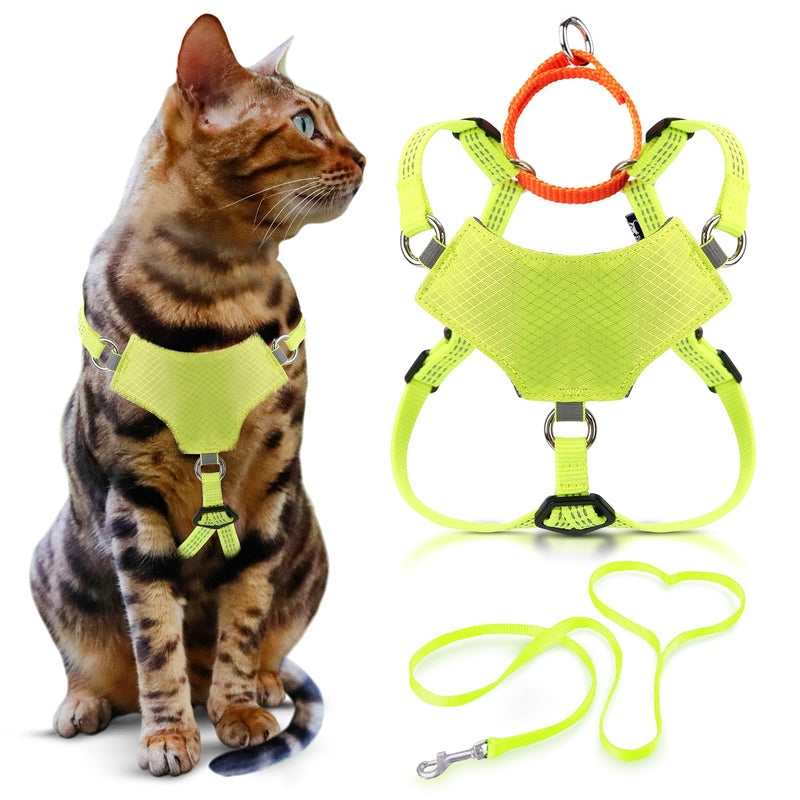 OutdoorBengal Always On™ Martingale Cat Harness and Leash Escape Proof Set – Vest for All-Day Kitten Adventures – Adult Cats - Cat Leash and Harness Escape Proof + Leash (Yellow Reflective, M/L)