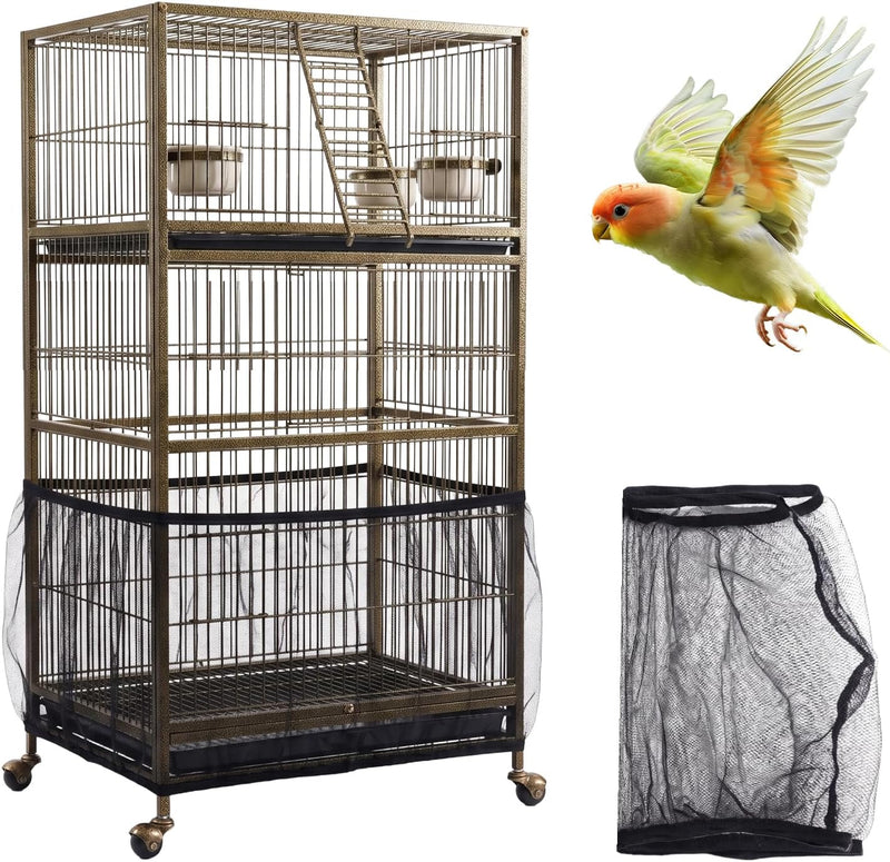 Bird Cage Cover,Bird Cage Seed Catcher,Durable Airy Nylon Mesh Net, Adjustable Birdcage Cover Skirt Seed Guard for Parro