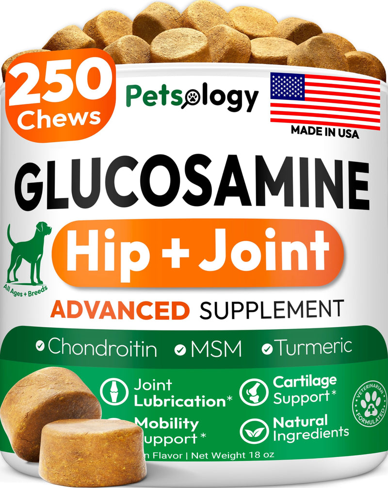 Glucosamine for Dogs - 250 Chews with Chondroitin - Hip and Joint Supplement with MSM - Turmeric - Omega 3 - Joint Pain Relief - Advanced Support for Dog Health - For Large, Medium & Small Breeds
