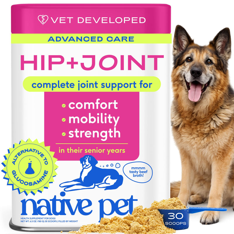 Native Pet Hip and Joint Supplement Dogs - Powder with UC-II Collagen and HMB - Senior and Large Breed Dog Joint Support - Made in USA - 30 Scoops