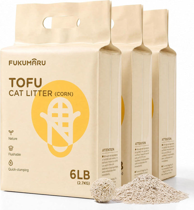 FUKUMARU Tofu Cat Litter - Natural Lightweight Unscented Cat Litter Pellets, Dust Free Quick Clumping, Effective Odor Control, Flushable, Low Tracking, 18 LBS (3 Packs)