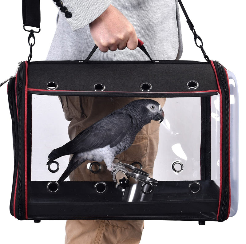 Colorday Lightweight Bird Carrier for Travelers, Bird Travel Cage with Parrot Feeder Cups & Standing Perch and Tracy (Large 19 x 12 x 13 inch, Black)