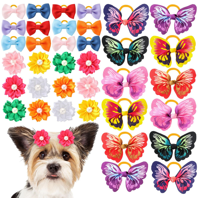 Janinka 36 Pcs Dog Hair Bows with Rubber Bands Butterfly Flower Bows for Small Dogs Girl Cute Spring Pearl Elastic Hair Tie for Tiny Pet Puppy Cat Groom Accessory(Butterfly Bow Flower,Colorful)