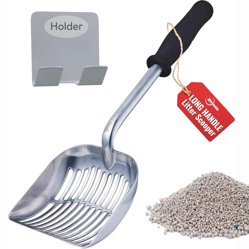 iPrimio Monster Metal Cat Litter Scoop with 17-Inch Long Handle - Extra Large Deep Shovel with Rounded Corners for Extended Reach and Soft Ergonomic Grip for Effortless Cleaning