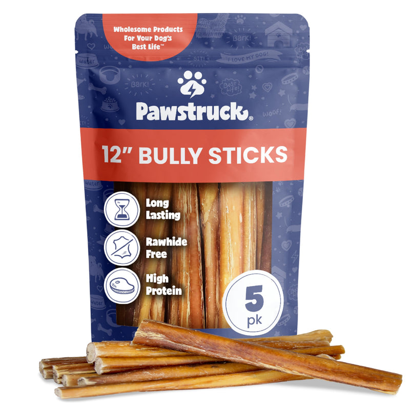 Pawstruck 100% Natural 12-in Bully Sticks for Dogs - Tough Long-Lasting Rawhide-Free Single Ingredient Beef Pizzle Chew Treats for Medium & Large Dogs, Aggressive Chewers - 5 Count Pack